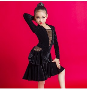 Girls kids black velvet ballroom latin dance dresses salsa chacha rumba dance costumes for children modern latin dance skirts for girl